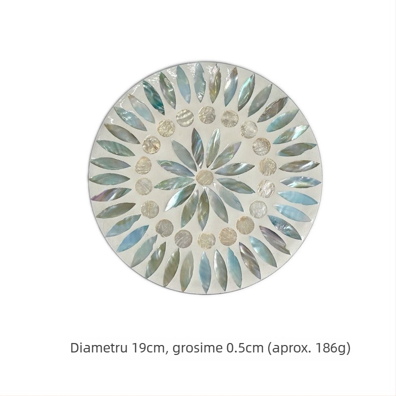 Pad rotund din lemn cu încrustații de scoici pictate, model floral, stil nordic