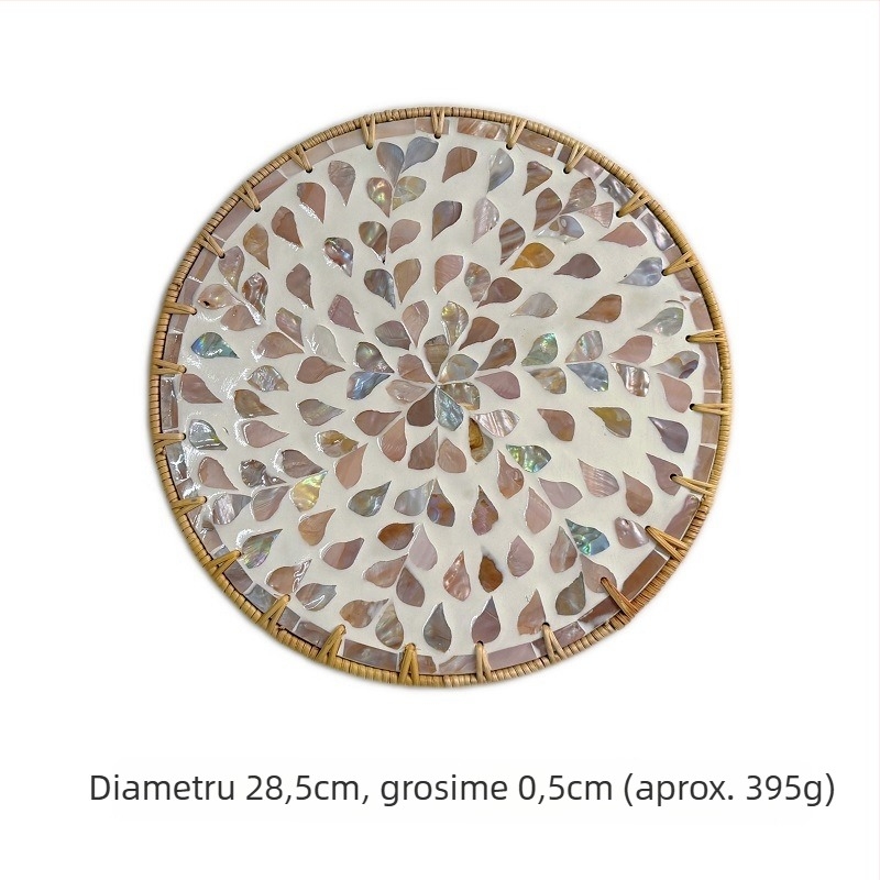 Pad rotund din lemn cu încrustații de scoici pictate, model floral, stil nordic