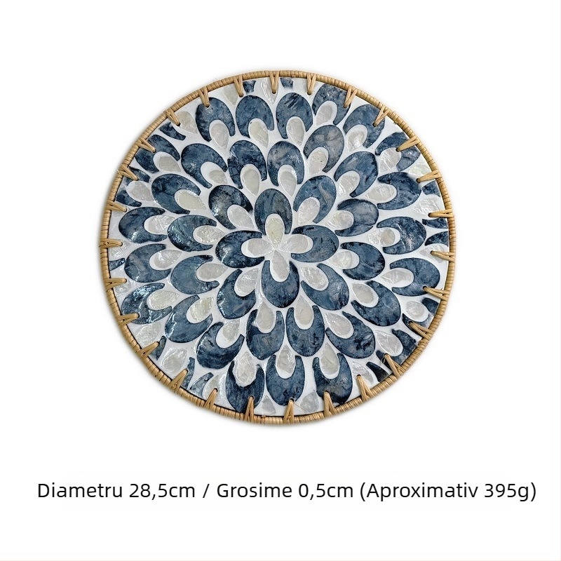 Pad rotund din lemn cu încrustații de scoici pictate, model floral, stil nordic