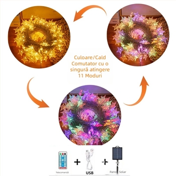 Ghirlandă cu LED-uri în formă de stele, telecomandă, alimentare solară și la priză, dual-use, 20 LED, Alb cald 3000K, IP65, decor Crăciun interior/exterior, Model Infinite Stars
