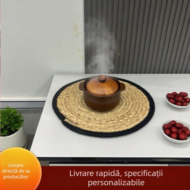 Covoraș rotund în stil japonez din paie împletite, suport termic pentru ceai și farfurii, antiderapant, din bone china