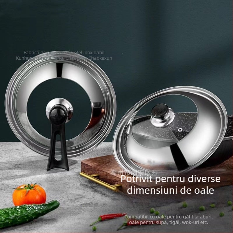 Capac din oțel inoxidabil, reglabil 28–42 cm, compatibil cu oale și wokuri; capac de gătit multifuncțional