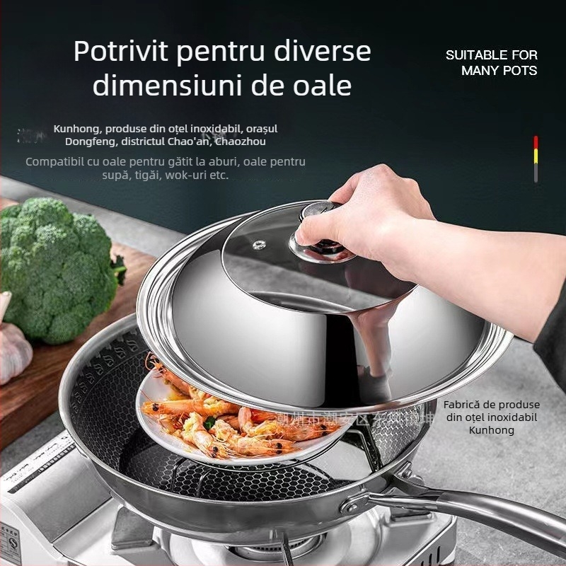 Capac din oțel inoxidabil, reglabil 28–42 cm, compatibil cu oale și wokuri; capac de gătit multifuncțional