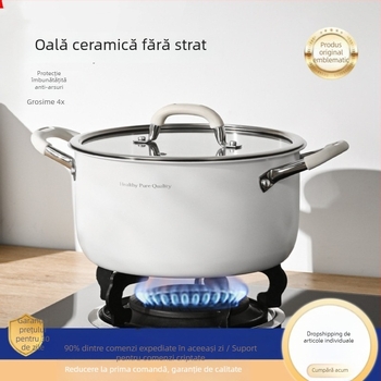 Oală de supă ceramică din oțel inoxidabil 316L, fără acoperire, îngroșată și adâncită, pentru uz casnic, compatibilă cu plita cu inducție și aragaz, cu mâner dublu pentru aburire și fierbere