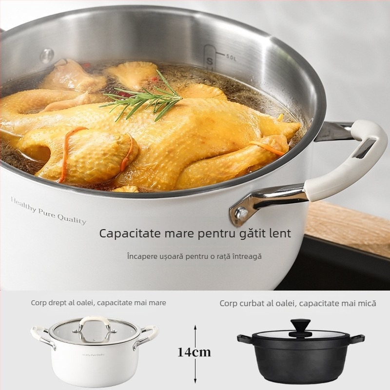 Oală de supă ceramică din oțel inoxidabil 316L, fără acoperire, îngroșată și adâncită, pentru uz casnic, compatibilă cu plita cu inducție și aragaz, cu mâner dublu pentru aburire și fierbere