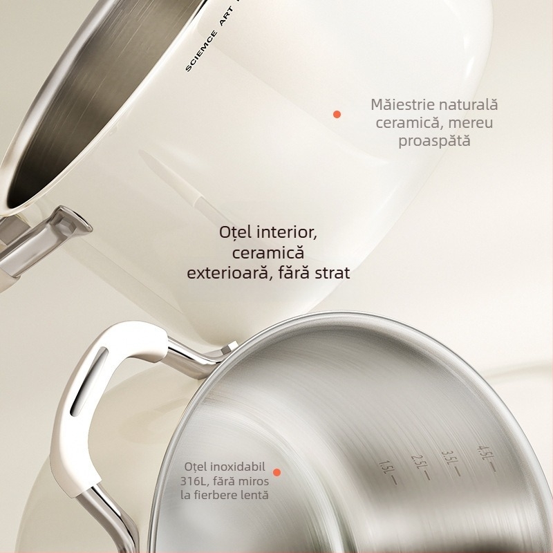 Oală de supă ceramică din oțel inoxidabil 316L, fără acoperire, îngroșată și adâncită, pentru uz casnic, compatibilă cu plita cu inducție și aragaz, cu mâner dublu pentru aburire și fierbere