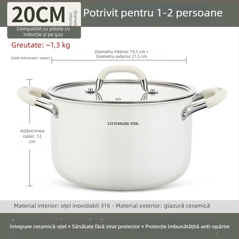 Oală de supă ceramică din oțel inoxidabil 316L, fără acoperire, îngroșată și adâncită, pentru uz casnic, compatibilă cu plita cu inducție și aragaz, cu mâner dublu pentru aburire și fierbere