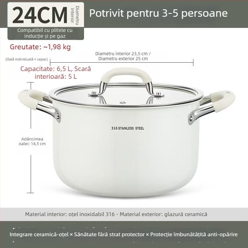 Oală de supă ceramică din oțel inoxidabil 316L, fără acoperire, îngroșată și adâncită, pentru uz casnic, compatibilă cu plita cu inducție și aragaz, cu mâner dublu pentru aburire și fierbere