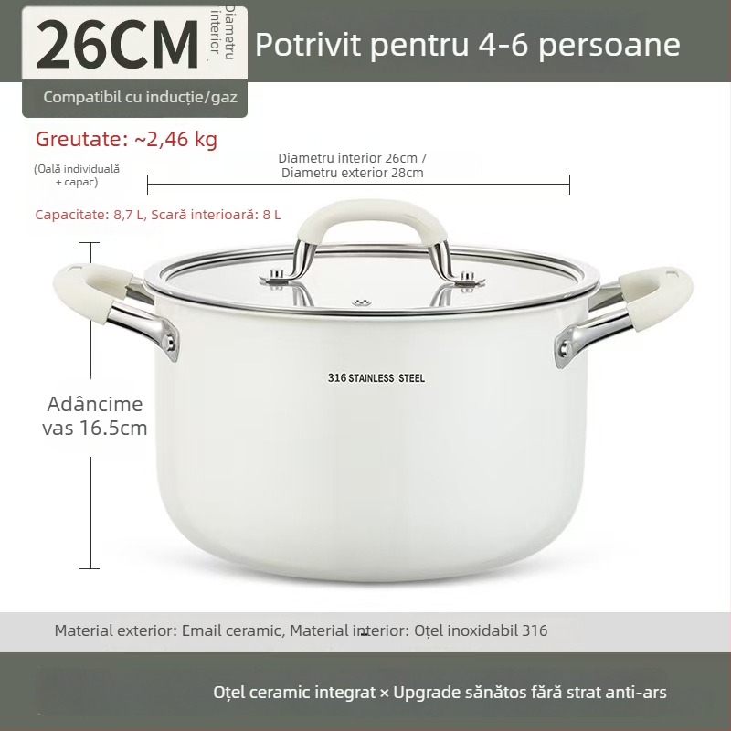 Oală de supă ceramică din oțel inoxidabil 316L, fără acoperire, îngroșată și adâncită, pentru uz casnic, compatibilă cu plita cu inducție și aragaz, cu mâner dublu pentru aburire și fierbere