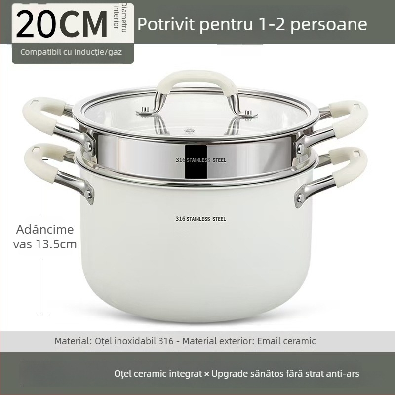 Oală de supă ceramică din oțel inoxidabil 316L, fără acoperire, îngroșată și adâncită, pentru uz casnic, compatibilă cu plita cu inducție și aragaz, cu mâner dublu pentru aburire și fierbere
