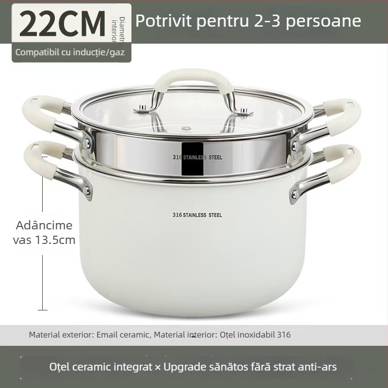 Oală de supă ceramică din oțel inoxidabil 316L, fără acoperire, îngroșată și adâncită, pentru uz casnic, compatibilă cu plita cu inducție și aragaz, cu mâner dublu pentru aburire și fierbere