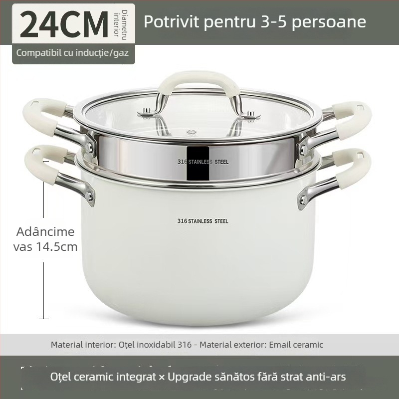 Oală de supă ceramică din oțel inoxidabil 316L, fără acoperire, îngroșată și adâncită, pentru uz casnic, compatibilă cu plita cu inducție și aragaz, cu mâner dublu pentru aburire și fierbere
