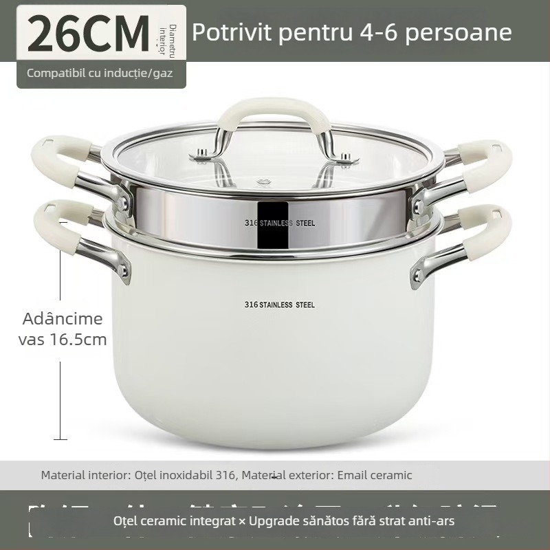 Oală de supă ceramică din oțel inoxidabil 316L, fără acoperire, îngroșată și adâncită, pentru uz casnic, compatibilă cu plita cu inducție și aragaz, cu mâner dublu pentru aburire și fierbere