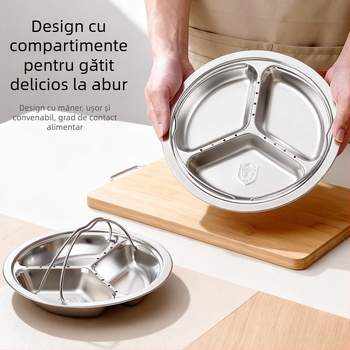 Tavă de aburi din oțel inoxidabil 304, cu trei compartimente, pentru uz casnic, suport de aburi portabil cu separare a apei, instrument versatil pentru orez și legume