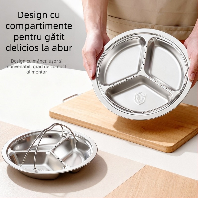 Tavă de aburi din oțel inoxidabil 304, cu trei compartimente, pentru uz casnic, suport de aburi portabil cu separare a apei, instrument versatil pentru orez și legume