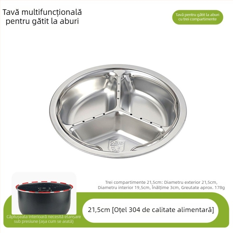 Tavă de aburi din oțel inoxidabil 304, cu trei compartimente, pentru uz casnic, suport de aburi portabil cu separare a apei, instrument versatil pentru orez și legume