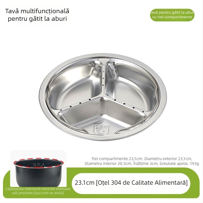 Tavă de aburi din oțel inoxidabil 304, cu trei compartimente, pentru uz casnic, suport de aburi portabil cu separare a apei, instrument versatil pentru orez și legume