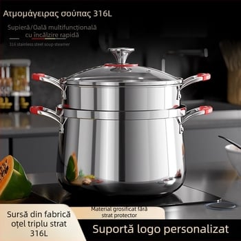Oală de supă în stil coreean, cu două mânere și inserție pentru aburi, din oțel inoxidabil 304, compatibilă cu inducția, de calitate alimentară