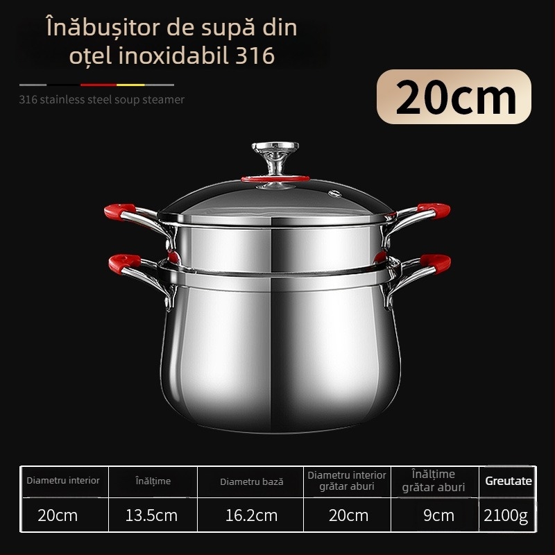 Oală de supă în stil coreean, cu două mânere și inserție pentru aburi, din oțel inoxidabil 304, compatibilă cu inducția, de calitate alimentară