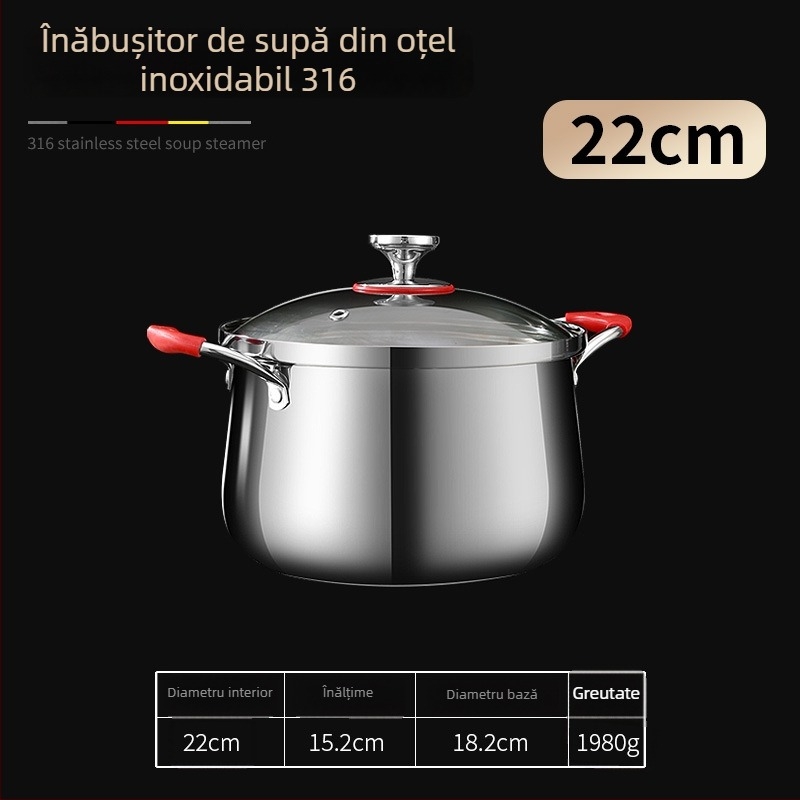 Oală de supă în stil coreean, cu două mânere și inserție pentru aburi, din oțel inoxidabil 304, compatibilă cu inducția, de calitate alimentară