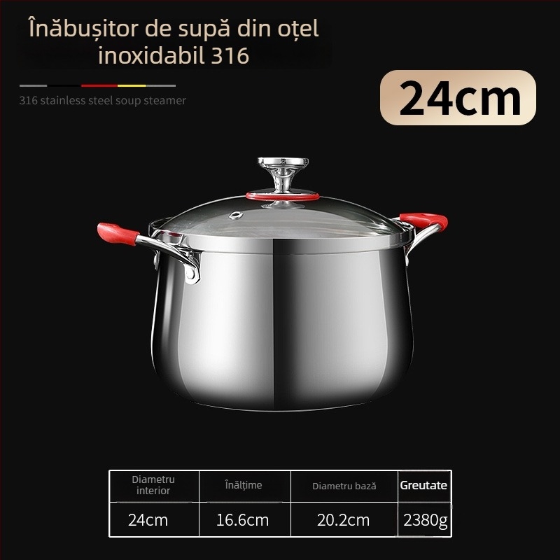 Oală de supă în stil coreean, cu două mânere și inserție pentru aburi, din oțel inoxidabil 304, compatibilă cu inducția, de calitate alimentară