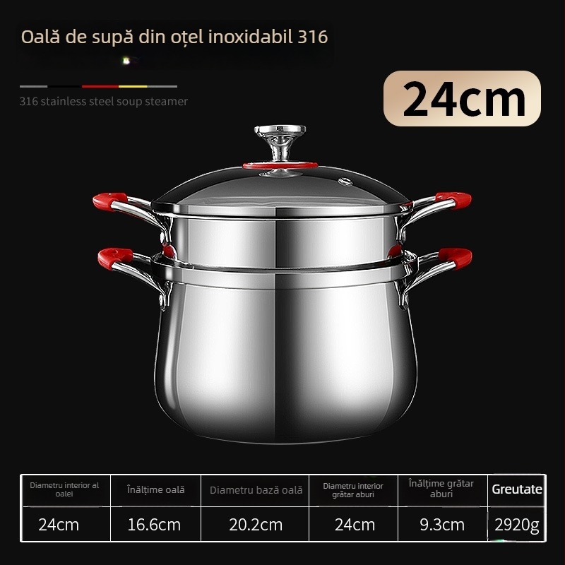 Oală de supă în stil coreean, cu două mânere și inserție pentru aburi, din oțel inoxidabil 304, compatibilă cu inducția, de calitate alimentară