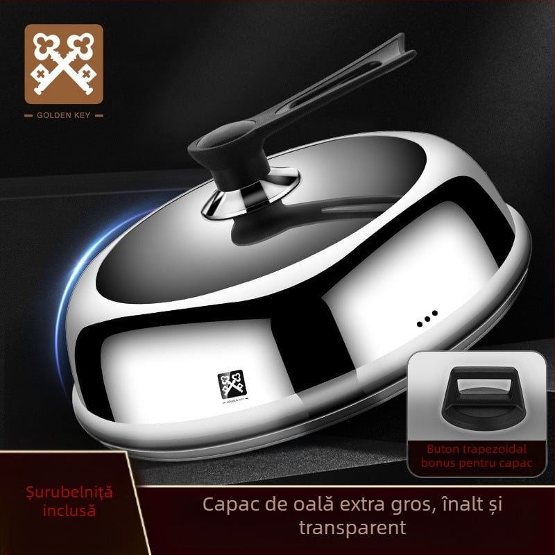 Capac de oală Golden Key din oțel inoxidabil, transparent, pentru tigaie și wok, înălțat, universal, 32–34 cm