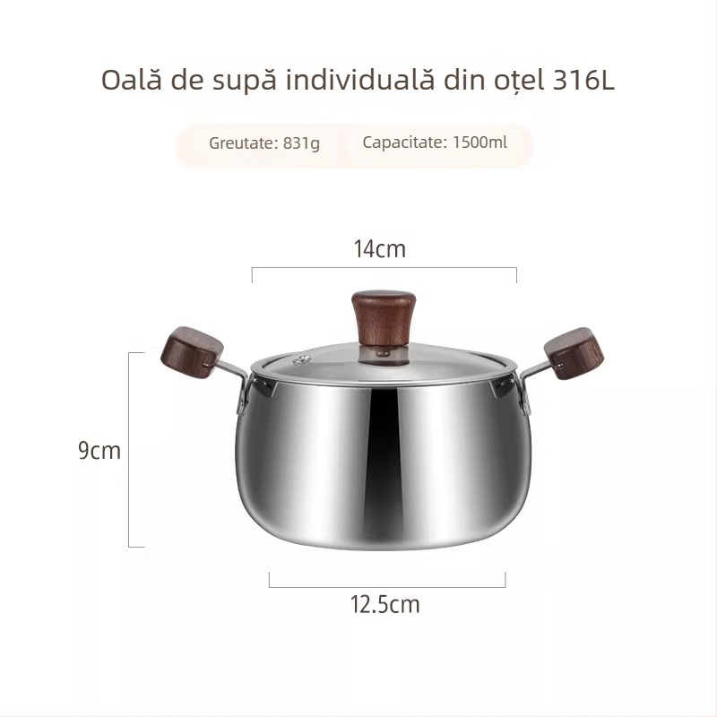 Oală mică de supă din oțel inoxidabil 316 pentru uz casnic, oală de gătit mică cu mâneri duble, fund gros, capac de sticlă, potrivită pentru arzător cu gaz și plită cu inducție