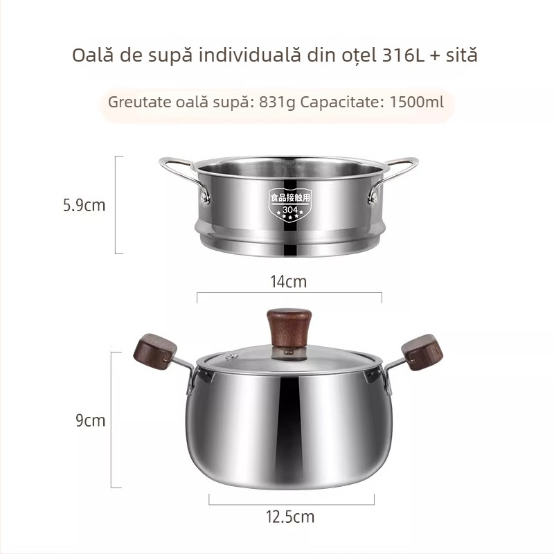Oală mică de supă din oțel inoxidabil 316 pentru uz casnic, oală de gătit mică cu mâneri duble, fund gros, capac de sticlă, potrivită pentru arzător cu gaz și plită cu inducție