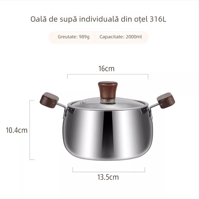 Oală mică de supă din oțel inoxidabil 316 pentru uz casnic, oală de gătit mică cu mâneri duble, fund gros, capac de sticlă, potrivită pentru arzător cu gaz și plită cu inducție