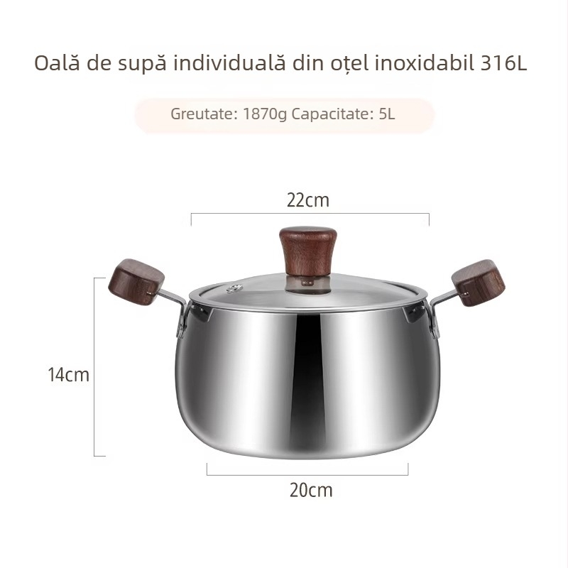 Oală mică de supă din oțel inoxidabil 316 pentru uz casnic, oală de gătit mică cu mâneri duble, fund gros, capac de sticlă, potrivită pentru arzător cu gaz și plită cu inducție