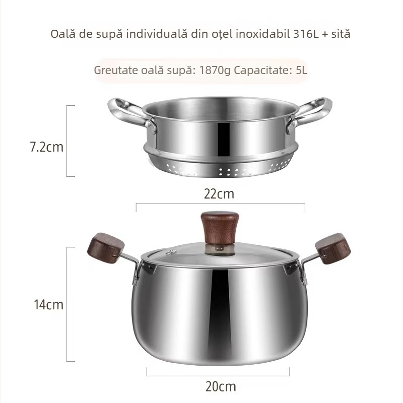 Oală mică de supă din oțel inoxidabil 316 pentru uz casnic, oală de gătit mică cu mâneri duble, fund gros, capac de sticlă, potrivită pentru arzător cu gaz și plită cu inducție