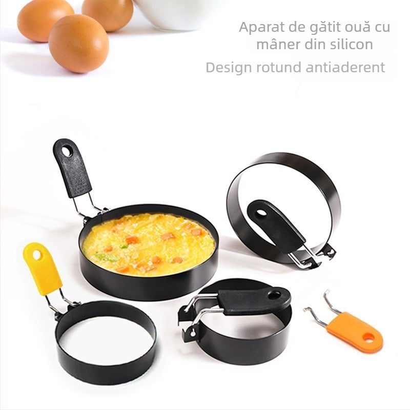 Formă rotundă antiaderentă pentru omletă, mâner din silicon rezistent la arsuri, din oțel inoxidabil; matriță pentru clătite și inel pentru ouă