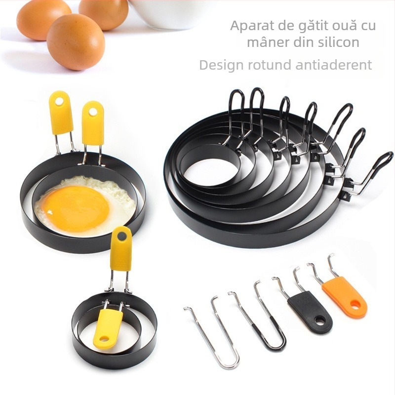Formă rotundă antiaderentă pentru omletă, mâner din silicon rezistent la arsuri, din oțel inoxidabil; matriță pentru clătite și inel pentru ouă