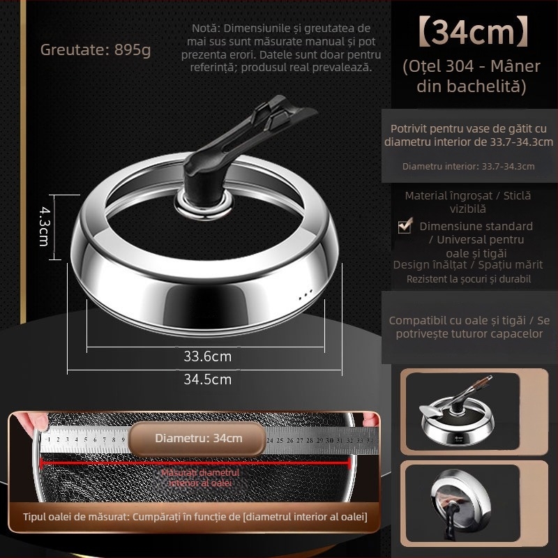 Capac universal pentru oală din oțel inoxidabil 304, sticlă termorezistentă transparentă, anti-vărsare, multifuncțional, cu grosime mărită, design vertical