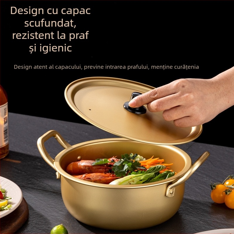 Oală galbenă din aluminiu, stil coreean, pentru tăiței instant, încălzire rapidă, oală cu mâner dublu și capac; potrivită pentru ramen și supă, bibimbap și alte feluri reci; compactă pentru cămin