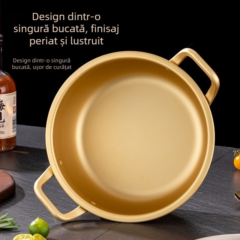 Oală galbenă din aluminiu, stil coreean, pentru tăiței instant, încălzire rapidă, oală cu mâner dublu și capac; potrivită pentru ramen și supă, bibimbap și alte feluri reci; compactă pentru cămin