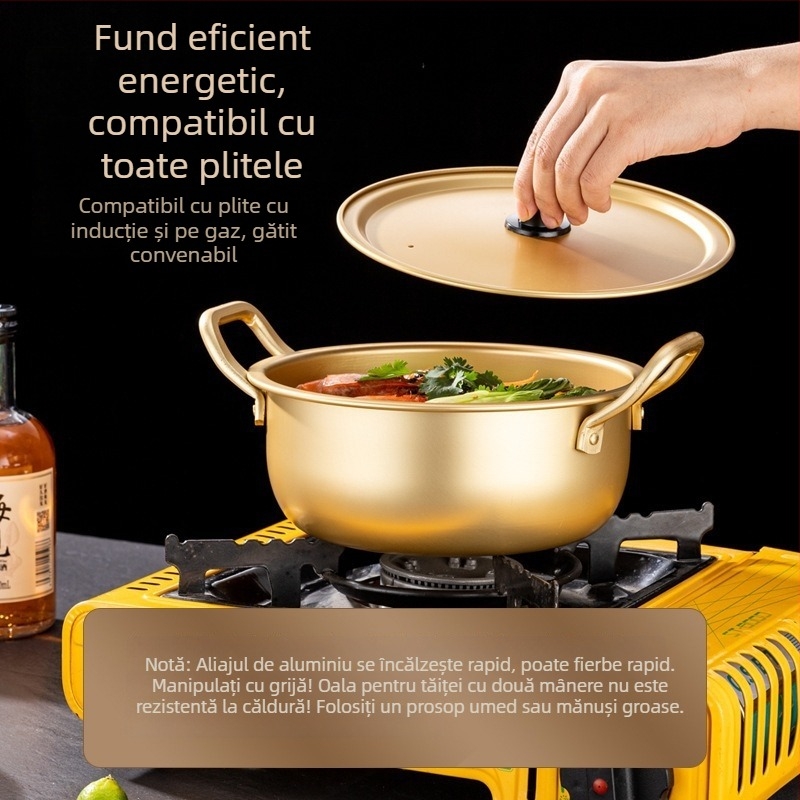 Oală galbenă din aluminiu, stil coreean, pentru tăiței instant, încălzire rapidă, oală cu mâner dublu și capac; potrivită pentru ramen și supă, bibimbap și alte feluri reci; compactă pentru cămin