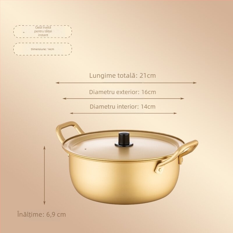 Oală galbenă din aluminiu, stil coreean, pentru tăiței instant, încălzire rapidă, oală cu mâner dublu și capac; potrivită pentru ramen și supă, bibimbap și alte feluri reci; compactă pentru cămin