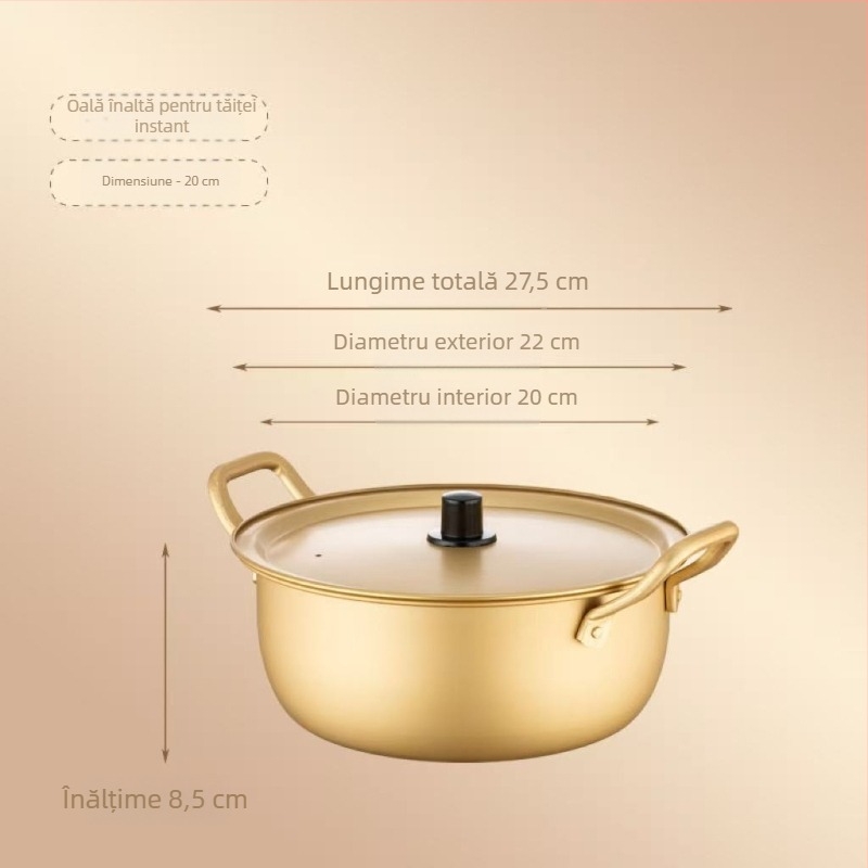 Oală galbenă din aluminiu, stil coreean, pentru tăiței instant, încălzire rapidă, oală cu mâner dublu și capac; potrivită pentru ramen și supă, bibimbap și alte feluri reci; compactă pentru cămin