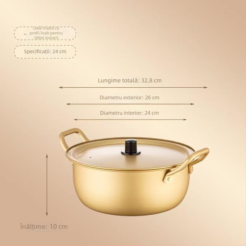 Oală galbenă din aluminiu, stil coreean, pentru tăiței instant, încălzire rapidă, oală cu mâner dublu și capac; potrivită pentru ramen și supă, bibimbap și alte feluri reci; compactă pentru cămin