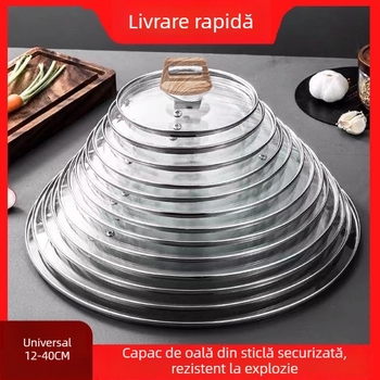 Capac de gătit transparent cu mâner din oțel inoxidabil și sticlă temperată, rezistent la temperaturi înalte, model universal