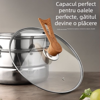 Capac de gătit transparent cu mâner din oțel inoxidabil și sticlă temperată, rezistent la temperaturi înalte, model universal