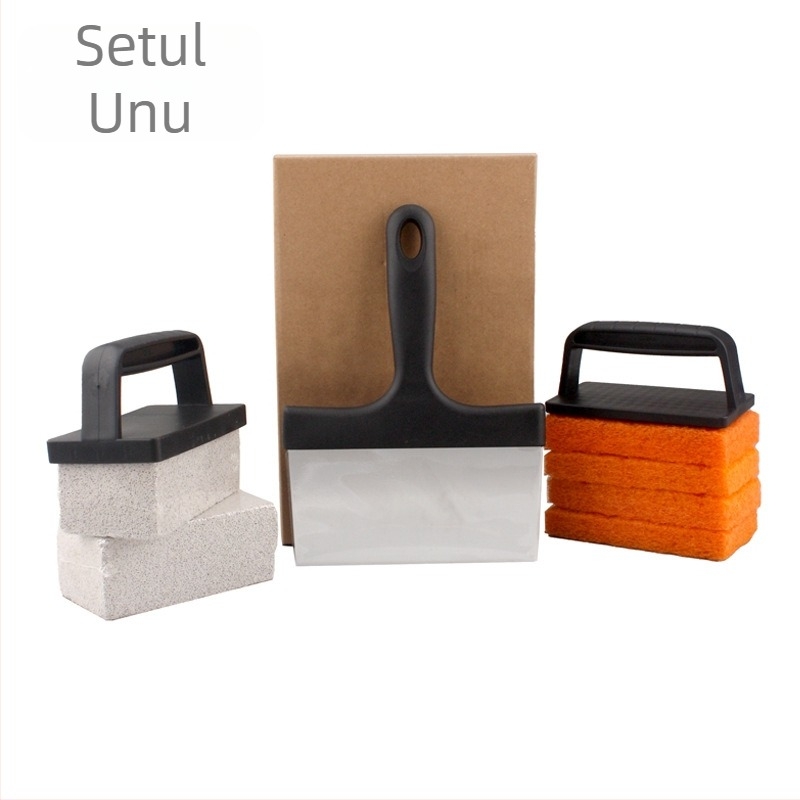 Set de curățare teppanyaki cu mâner – unelte pentru grătar: lopățică, piatră abrazivă, burete de curățare