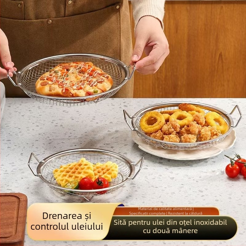Tavă din oțel inoxidabil pentru scurgerea uleiului, cu mânere duble, pentru grătar, gustări prăjite și filtrare a uleiului, pentru uz casnic, compatibilă cu air fryer