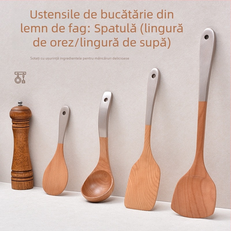 Set de spatule din lemn pentru gătit, cu suprafață antiaderentă, incluzând spatulă pentru prăjit, lingură de orez și lingură de supă; logo personalizat