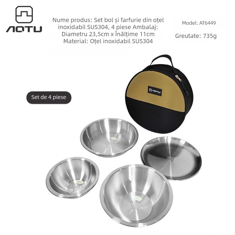 Set de veselă din oțel inoxidabil 304, 16 piese – farfurii, boluri și boluri de supă, pentru camping în aer liber și uz casnic