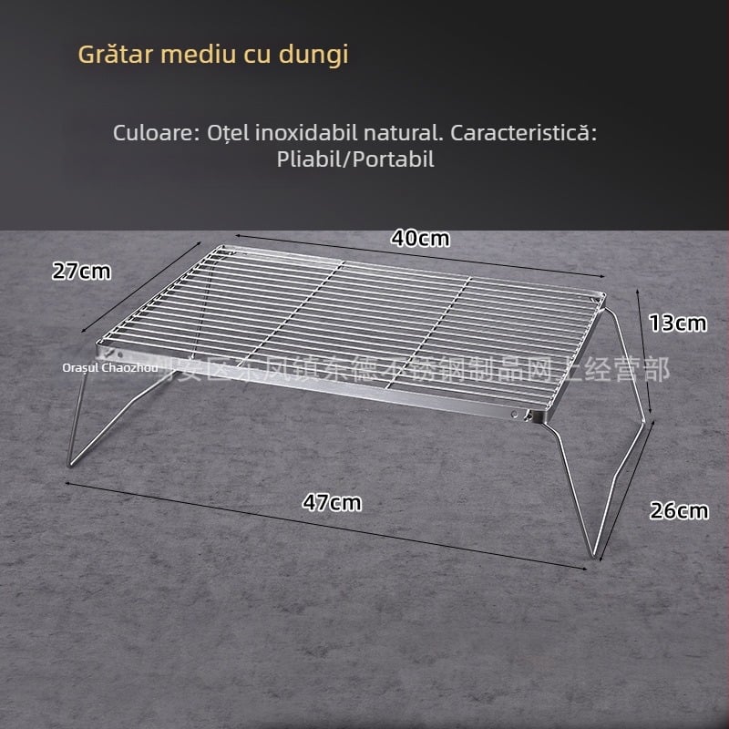 Grill portabil din oțel inoxidabil fără magnet pentru exterior – set grill cu cărbune, pătrat, mic, pentru camping (3–5 persoane)