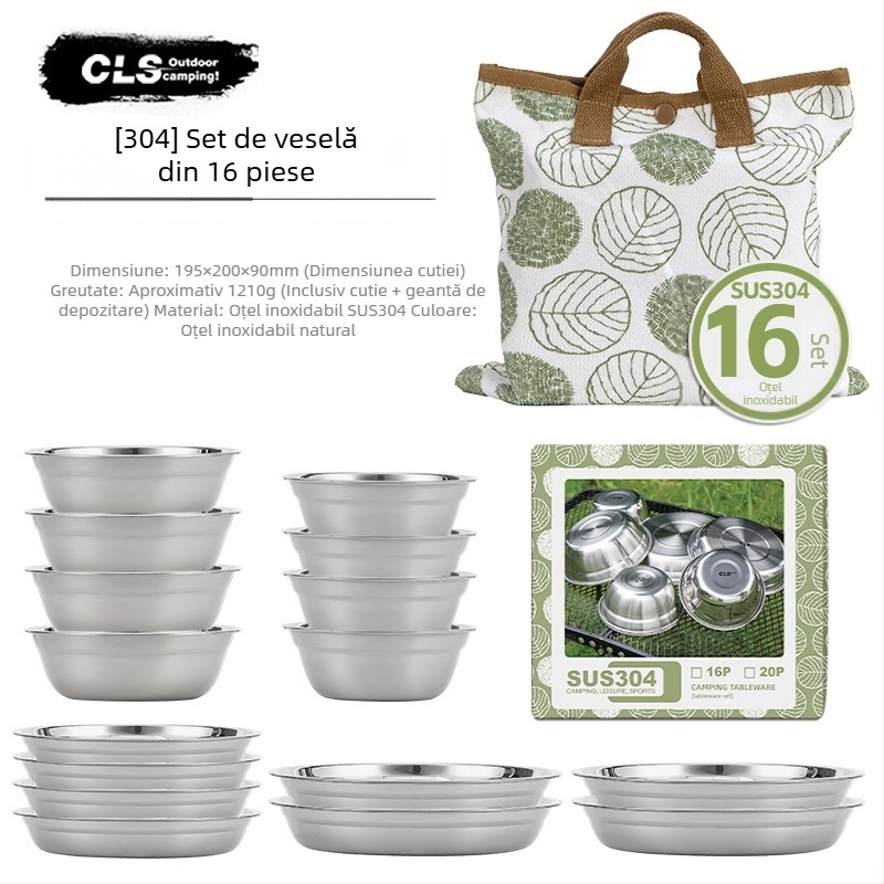 CLS Set din oțel inoxidabil 304, 10 farfurii pentru exterior, camping și drumeții, portabil, boluri pentru supă și farfurii mici