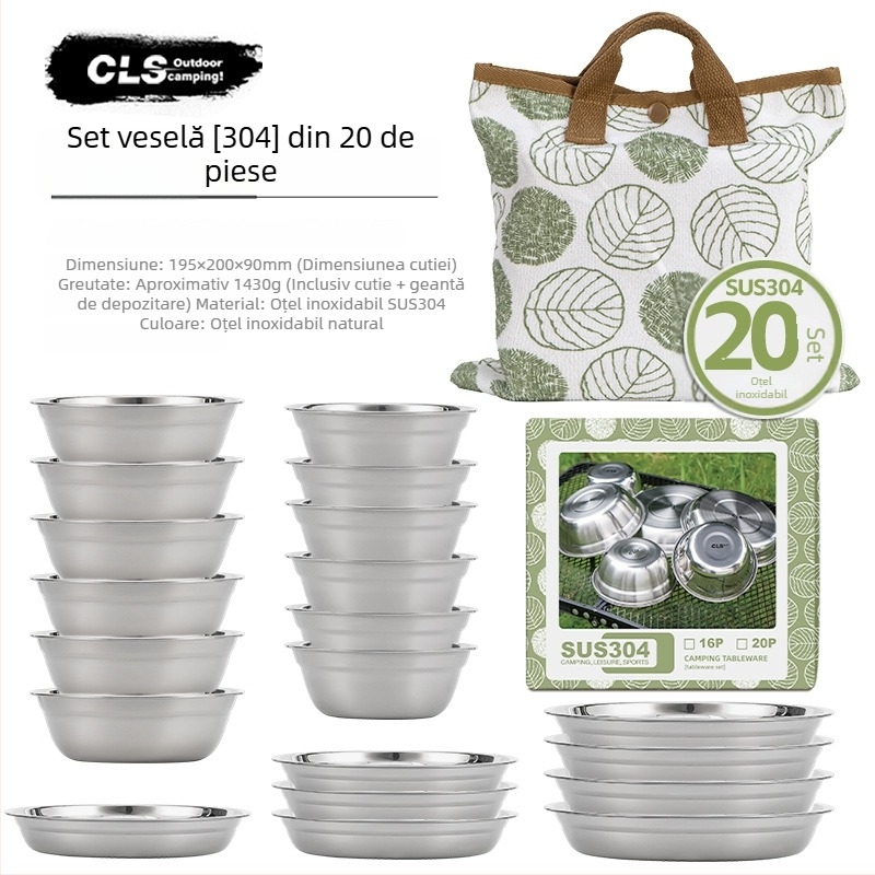 CLS Set din oțel inoxidabil 304, 10 farfurii pentru exterior, camping și drumeții, portabil, boluri pentru supă și farfurii mici